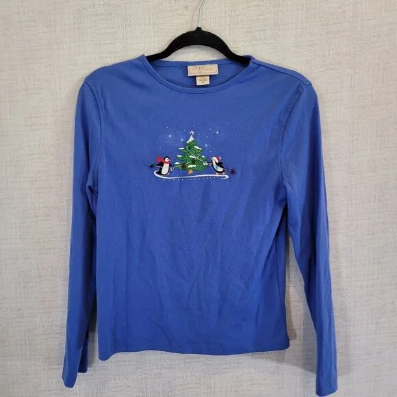 Vintage MC Sportswear T Shirt Womens S Christmas Graphic Long Sleeve Top Y2K - Picture 1 of 8